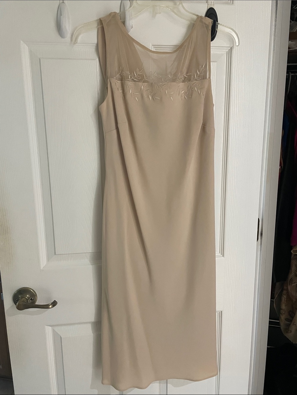 Evan Picone Sleeveless Midi Dress in Champagne Beige with Sheer Embroidered Yoke